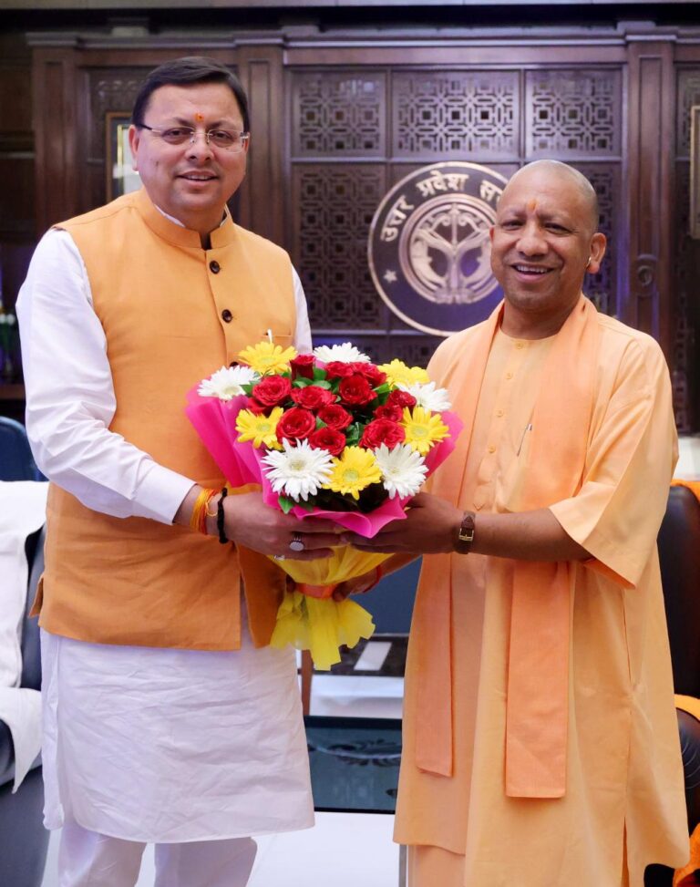 Chief Minister Pushkar Singh Dhami paid a courtesy call on Uttar Pradesh Chief Minister Yogi Adityanath in Lucknow on Tuesday